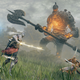 Three fantasy warriors square off against a giant, glowing colossus.